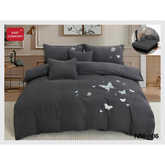 Lenjerie pat dublu, Catifea Deluxe, cu broderie, 6 Piese, cu ELASTIC, Gri inchis, LCI-021 Lenjerii Catifea 6 piese