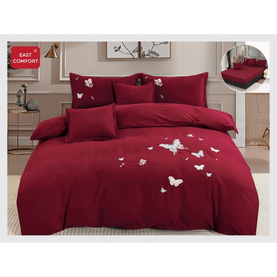 Lenjerie pat dublu, Catifea Deluxe, cu broderie, 6 Piese, cu ELASTIC, Bordo, LCI-024 Lenjerii Catifea 6 piese