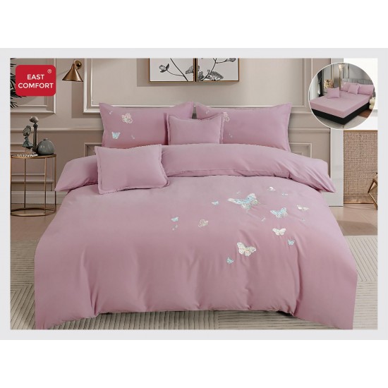 Lenjerie pat dublu, Catifea Deluxe, cu broderie, 6 Piese, cu ELASTIC, Lila, LCI-025 Lenjerii Catifea 6 piese