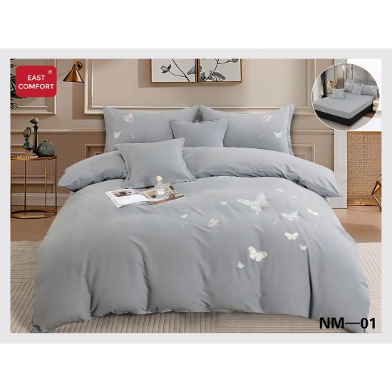 Lenjerie pat dublu, Catifea Deluxe, cu broderie, 6 Piese, cu ELASTIC, Gri deschis,  LCI-030 Lenjerii Catifea 6 piese