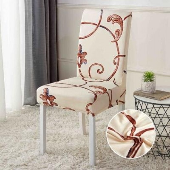 Set 6 Huse Universale pentru Scaun Elastice – Model Crem cu Imprimeu Floral Maro, HSJ-001 Huse Scaune 6 piese