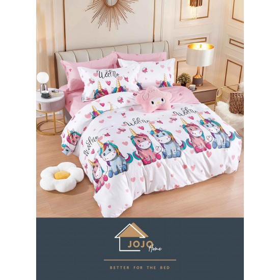 Set Lenjerie de pat din Finet Gros, Cearceaf cu ELASTIC, 6 Piese, Pat 2 Persoane, Roz-Alb, unicorn, LDE-058 Lenjerii Finet 6 piese cu ELASTIC
