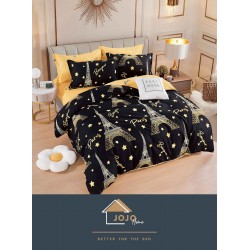 Set Lenjerie de Pat din Finet cu 2 Fete, 6 Piese, Pat 2 Persoane, Negru-Galben, Turnul Eiffel, LDF-037
