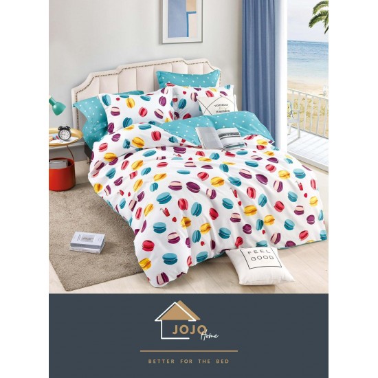 Set Lenjerie de Pat din Finet cu 2 Fete, 6 Piese, Pat 2 Persoane, Blue-Alb, macarons, LDF-004 Lenjerii Finet 6 piese