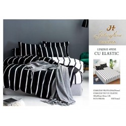 Lenjerie pat dublu, Bumbac Satinat Superior, 4 piese, cu ELASTIC, Negru-Alb, dungi, LDBSE-009