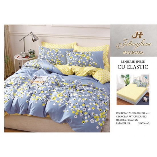Lenjerie pat dublu, Bumbac Satinat Superior, 4 piese, cu ELASTIC, Blue-Galben, flori, LSE-007 Oferta Trio 229