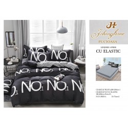 Lenjerie pat dublu, Bumbac Satinat Superior, 4 piese, cu ELASTIC, Negru-Alb, LSE-009