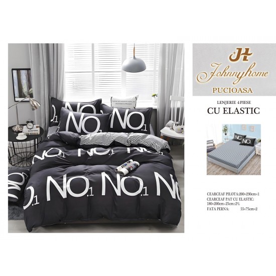 Lenjerie pat dublu, Bumbac Satinat Superior, 4 piese, cu ELASTIC, Negru-Alb, LSE-009 Oferta Trio 229