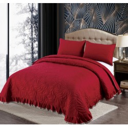 Set Cuvertura de Pat din Bumbac Satinat cu Volanas, 3 Piese, Pat 2 Persoane , Bordo, CSV 005