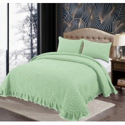 Set Cuvertura de Pat din Bumbac Satinat cu Volanas, 3 Piese, Pat 2 Persoane , Verde, CSV 013