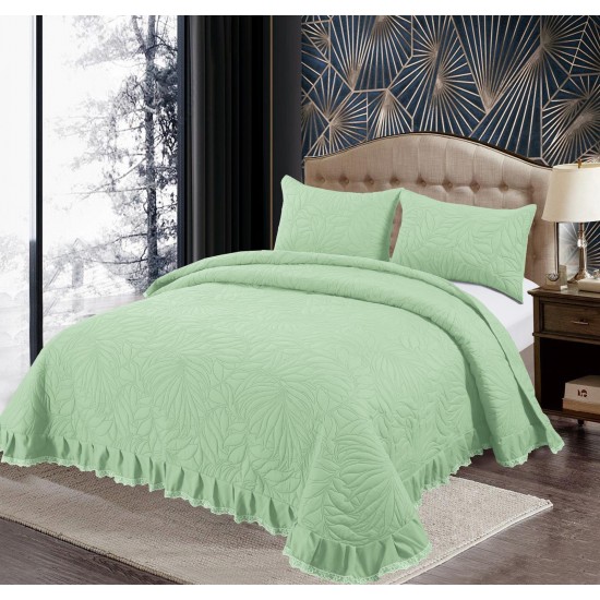 Set Cuvertura de Pat din Bumbac Satinat cu Volanas, 3 Piese, Pat 2 Persoane , Verde, CSV 013 Cuverturi 3 piese Uni Bumbac-Satinat