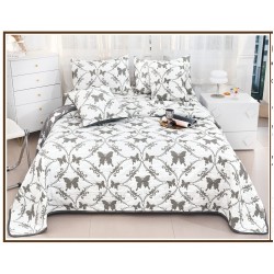 Set Cuvertura de Pat din Bumbac cu In, 5 pierse, 230x250 cm, Alb-Gri, frunze, fluturi, CBI-011
