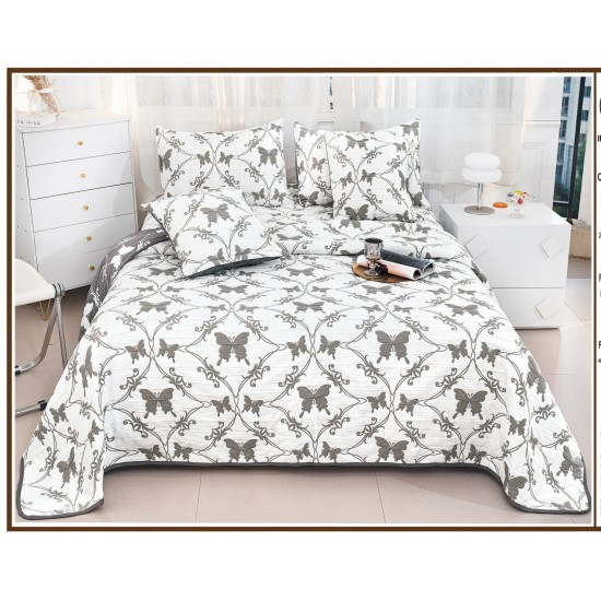 Set Cuvertura de Pat din Bumbac cu In, 5 pierse, 230x250 cm, Alb-Gri, frunze, fluturi, CBI-011 Cuverturi 5 piese finet