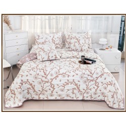 Set Cuvertura de Pat din Bumbac cu In, 5 pierse, 230x250 cm, Alb-Bej, flori, frunze, CBI-012