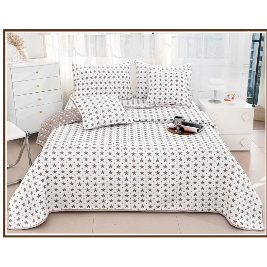 Set Cuvertura de Pat din Bumbac cu In, 5 pierse, 230x250 cm, Alb-Bej, stele, CBI-013 Cuverturi 5 piese finet