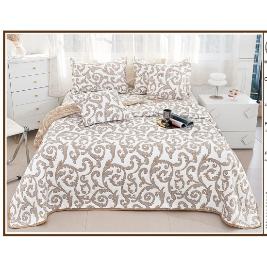 Set Cuvertura de Pat din Bumbac cu In, 5 pierse, 230x250 cm, Alb-Bej, frunze, CBI-015 Cuverturi 5 piese finet