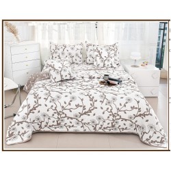 Set Cuvertura de Pat din Bumbac cu In, 5 pierse, 230x250 cm, Alb-Bej, flori, frunze, CBI-021