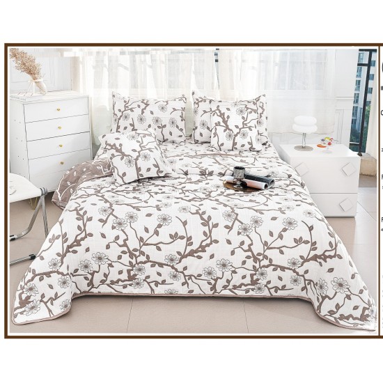 Set Cuvertura de Pat din Bumbac cu In, 5 pierse, 230x250 cm, Alb-Bej, flori, frunze, CBI-021 Cuverturi 5 piese finet