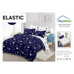 Set Lenjerie Finet 6 Piese cu Cearșaf cu Elastic–Pat Dublu, Albastru-Alb, stele, OLD-144