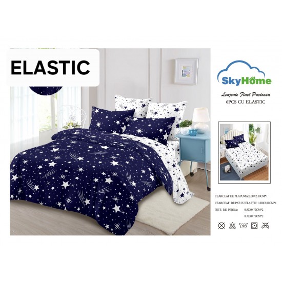 Set Lenjerie Finet 6 Piese cu Cearșaf cu Elastic–Pat Dublu, Albastru-Alb, stele, OLD-144 Oferta duo bumbac-finet