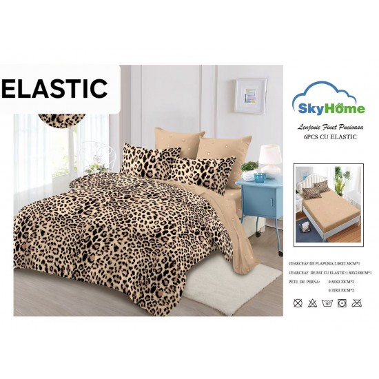 Set Lenjerie Finet 6 Piese cu Cearșaf cu Elastic–Pat Dublu, Bej-Maro, animal print, OLD-146 Oferta duo bumbac-finet