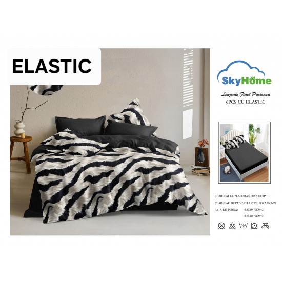 Set Lenjerie Finet 6 Piese cu Cearșaf cu Elastic–Pat Dublu, Negru-Bej, zebra, OLD-147 Oferta duo bumbac-finet