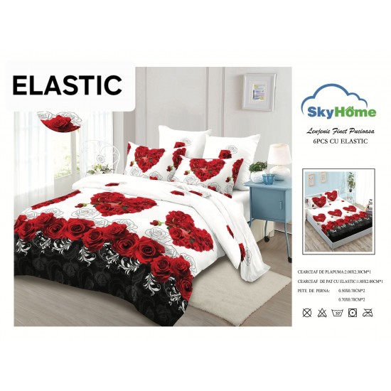 Set Lenjerie Finet 6 Piese cu Cearșaf cu Elastic – Pat Dublu, Alb-Rosu, flori, OLD-148 Oferta duo bumbac-finet