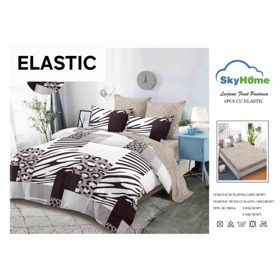 Set Lenjerie Finet 6 Piese cu Cearșaf cu Elastic–Pat Dublu, Gri-Alb, linii, OLD-152 Oferta duo bumbac-finet
