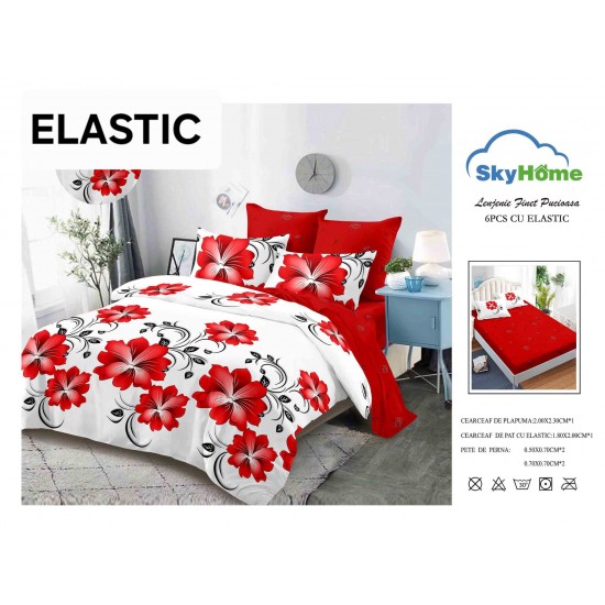 Set Lenjerie Finet 6 Piese cu Cearșaf cu Elastic – Pat Dublu, Alb-Rosu, flori, OLD-153 Oferta duo bumbac-finet