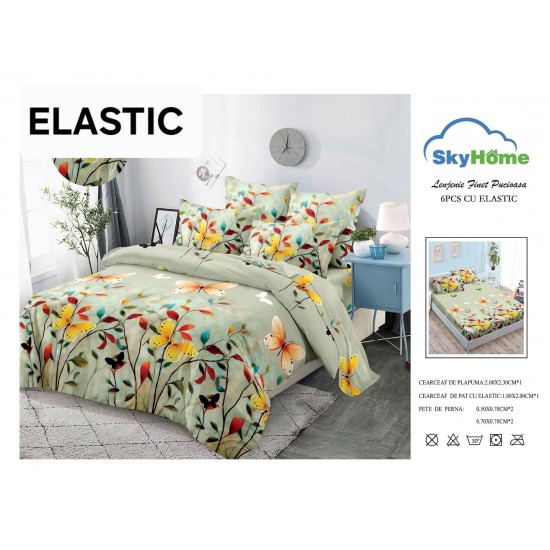 Lenjerie pat dublu, BUMBAC FINET, 6 piese, cu ELASTIC, Verde-Multicolor, flori, OLD-154 Oferta duo bumbac-finet