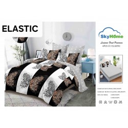 Set Lenjerie 6 Piese Finet cu Elastic pentru Pat Dublu, Alb-Negru, fluturi, OLD-155