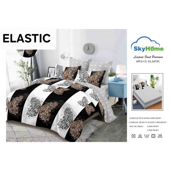 Set Lenjerie 6 Piese Finet cu Elastic pentru Pat Dublu, Alb-Negru, fluturi, OLD-155 Oferta duo bumbac-finet