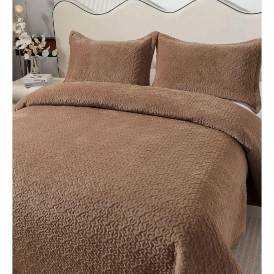 Cuvertura de Pat din Catifea, Uni, 230x250cm, 3 Piese-Maro, CSV 019 Cuverturi Catifea 3 piese