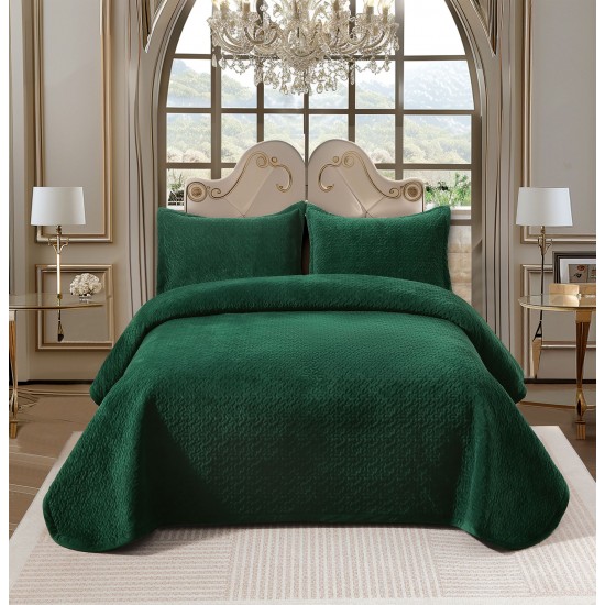 Cuvertura de Pat din Catifea, Uni, 230x250cm, 3 Piese-Verde smarald, CSV 020 Cuverturi Catifea 3 piese