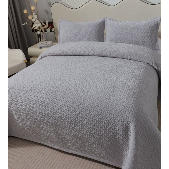 Cuvertura de Pat din Catifea, Uni, 230x250cm, 3 Piese-Gri deschis, CSV 021 Cuverturi Catifea 3 piese