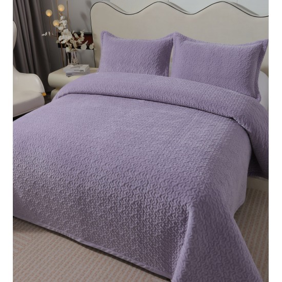 Cuvertura de Pat din Catifea, Uni, 230x250cm, 3 Piese-Lila, CSV 024 Cuverturi Catifea 3 piese