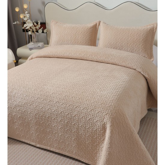 Cuvertura de Pat din Catifea, Uni, 230x250cm, 3 Piese-Bej, CSV 025 Cuverturi Catifea 3 piese