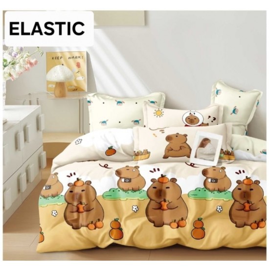 Lenjerie pat dublu, 6 piese, bumbac-finet, cu ELASTIC, Crem-Multicolor, CAPYBARA, LCC-006 Lenjerii Pentru Copii cu Desene Animate - Finet 6 piese