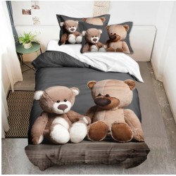 Lenjerie de Pat din Finet, 4 Piese, Pat 1 Persoana, Gri-Multicolor, ursuleti, LFS-024