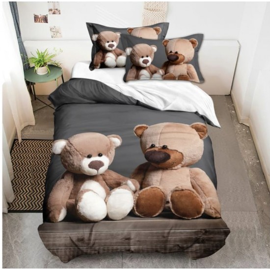 Lenjerie de Pat din Finet, 4 Piese, Pat 1 Persoana, Gri-Multicolor, ursuleti, LFS-024 Lenjerii Finet 1 persoana