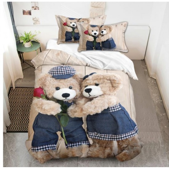 Lenjerie de Pat din Finet, 4 Piese, Pat 1 Persoana, Crem-Multicolor, ursuleti, LFS-078 Lenjerii Finet 1 persoana