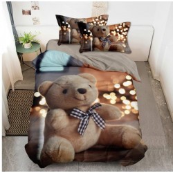 Lenjerie de Pat din Finet, 4 Piese, Pat 1 Persoana, Bej-Multicolor, ursuleti, LFS-098