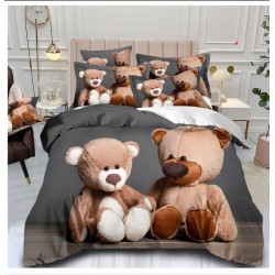 Lenjerie de Pat din Finet, 4 Piese, Pat 1 Persoana, Gri-Multicolor, ursuleti, LFS-113