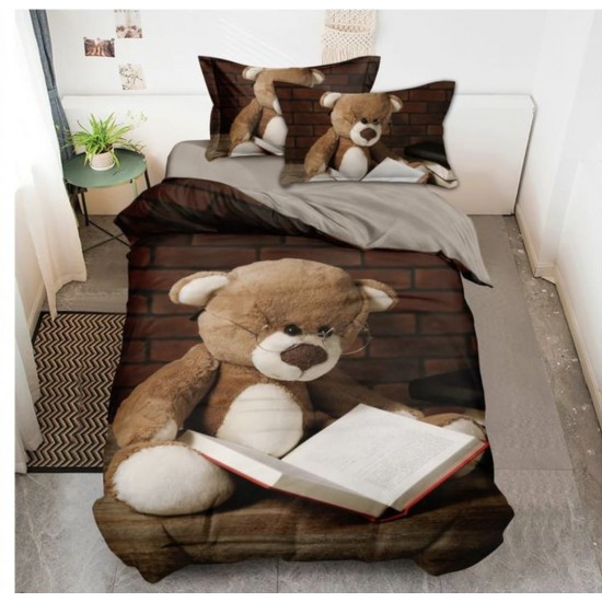 Lenjerie de Pat din Finet, 4 Piese, Pat 1 Persoana, Maro-Multicolor, ursuleti, LFS-019 Lenjerii Finet 1 persoana