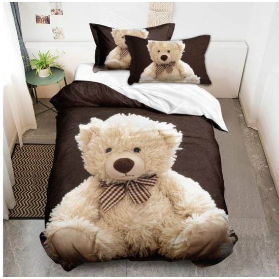 Lenjerie de Pat din Finet, 4 Piese, Pat 1 Persoana, Bej-Multicolor, ursuleti, LFS-105 Lenjerii Finet 1 persoana