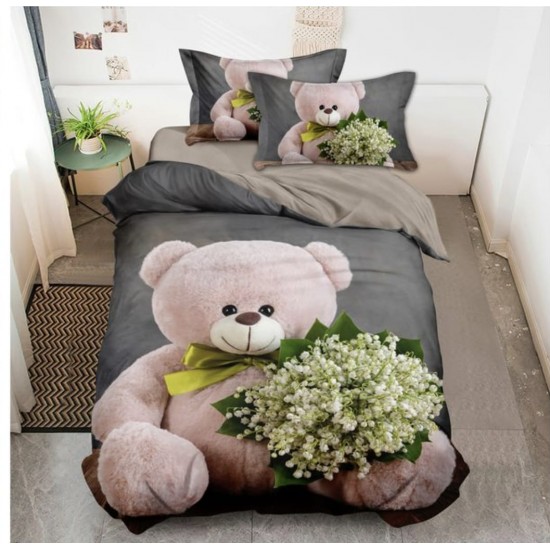 Lenjerie de Pat din Finet, 4 Piese, Pat 1 Persoana, Bej-Multicolor, ursuleti, LFS-074 Lenjerii Finet 1 persoana