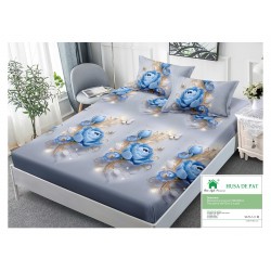 Husa pat cu elastic, Bumbac FINET, 180x200cm, 2 fete de perne 50x70cm, Gri-Blue, flori, HDF-049