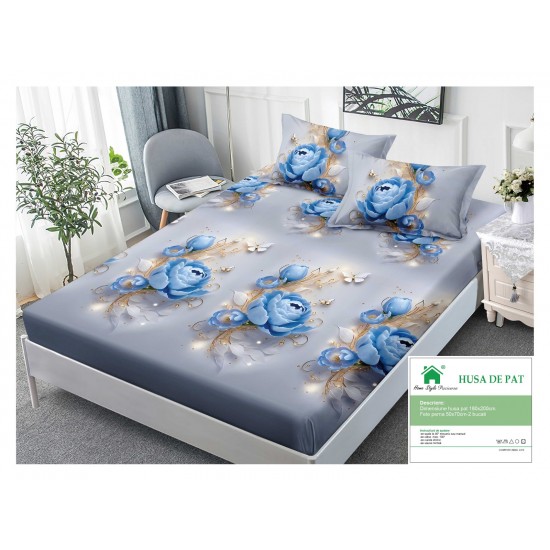 Husa pat cu elastic, Bumbac FINET, 180x200cm, 2 fete de perne 50x70cm, Gri-Blue, flori, HDF-049 Huse Finet 180x200cm