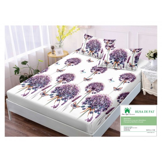 Husa pat cu elastic, Bumbac FINET, 180x200cm, 2 fete de perne 50x70cm, Alb-Mov, flori, fluturi, HDF-048 Huse Finet 180x200cm