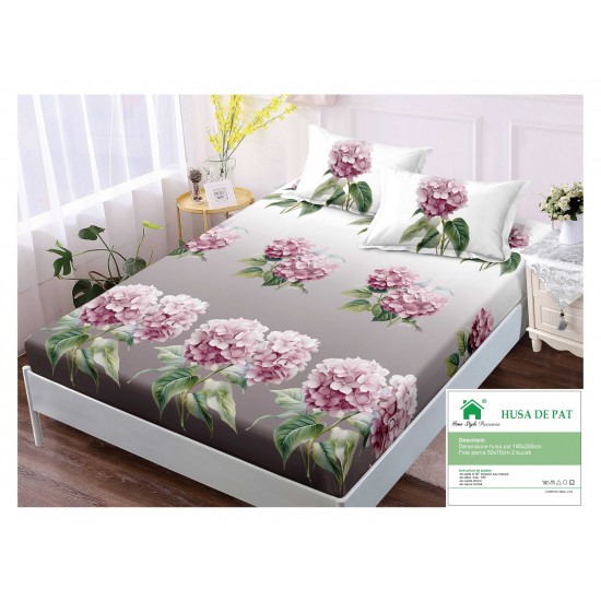 Husa pat cu elastic, Bumbac FINET, 180x200cm, 2 fete de perne 50x70cm, Gri-Multicolor, flori, HDF-047 Huse Finet 180x200cm